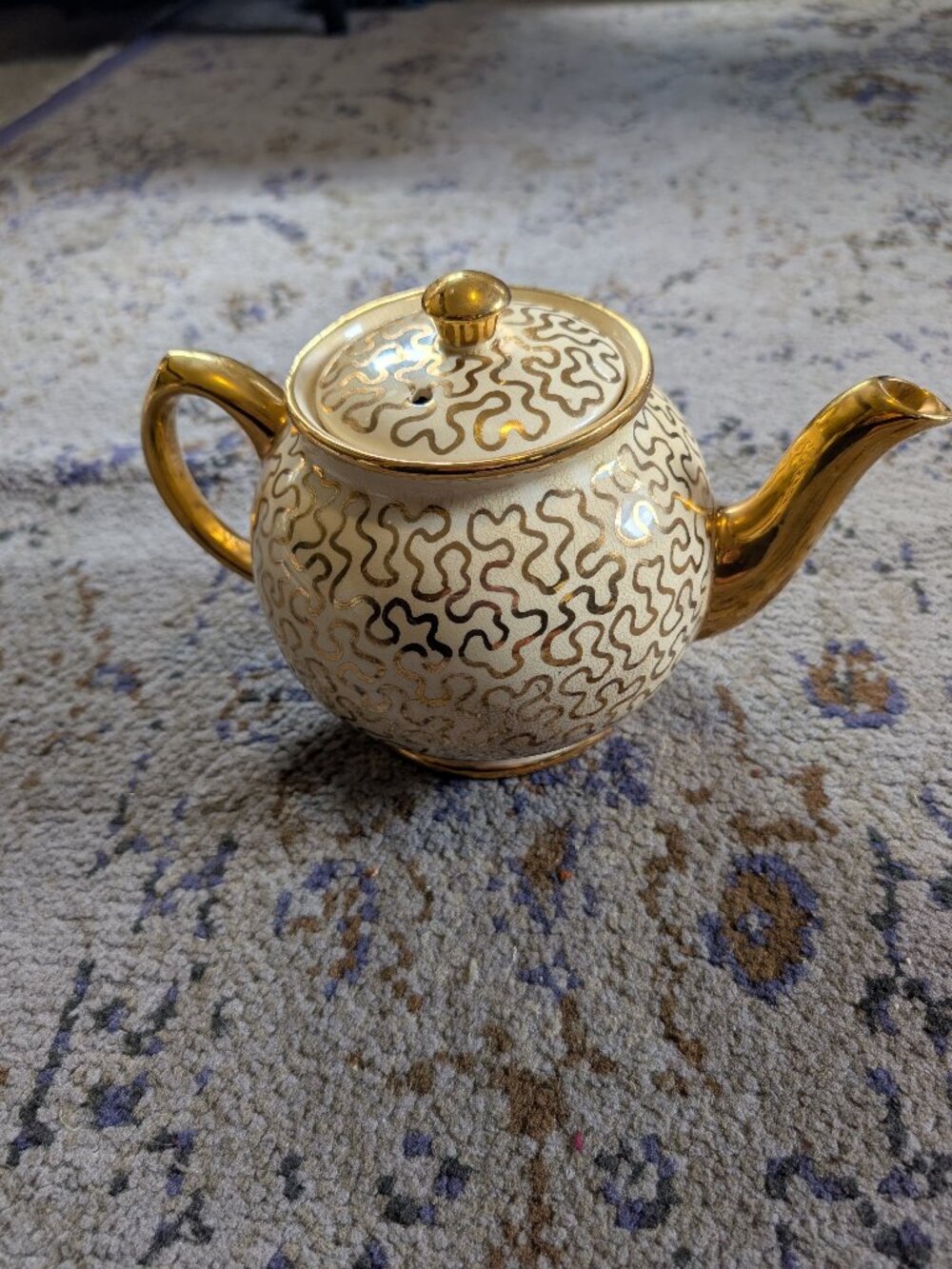 Vintage Sadler Tea Pot Made in England Numbered Gold Squiggles on Cream Crazing